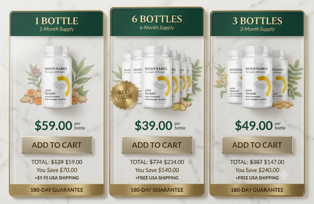 Joint Genesis Official Pricing Table - 1, 3, and 6 Bottle Discount Packages with 180-Day Guarantee