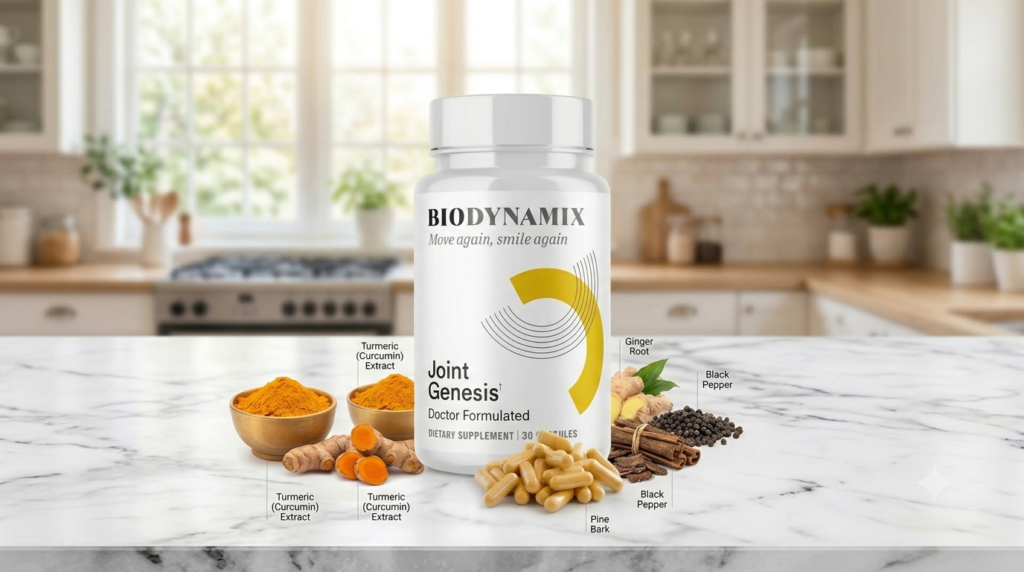 Joint Genesis BioDynamix Supplement Bottle with Natural Ingredients - Turmeric, Ginger Root, and Pine Bark